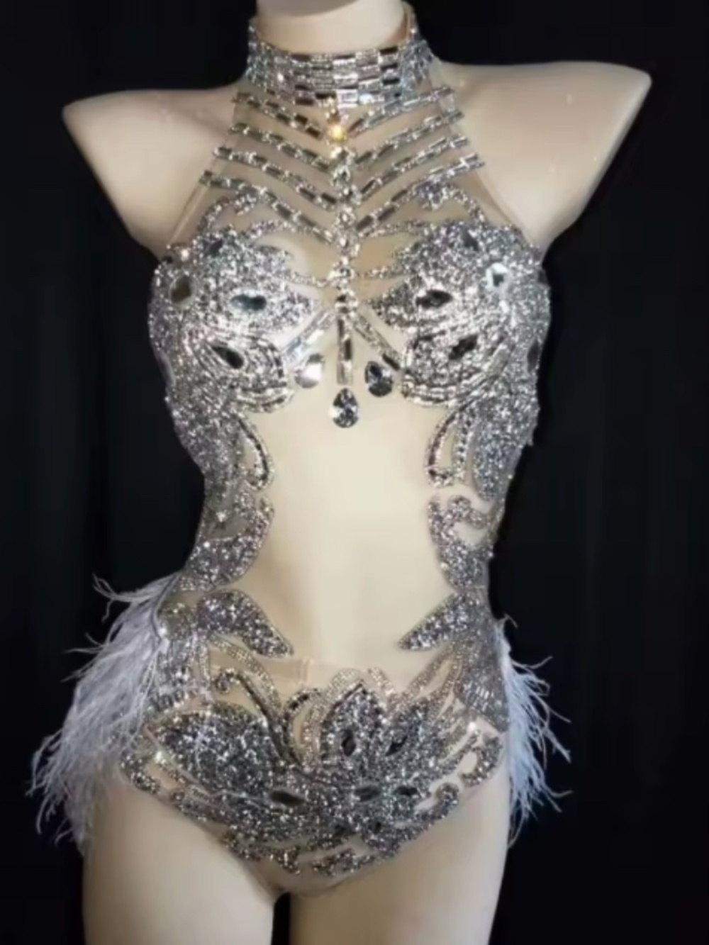 Silver Rhinestone Burlesque / Showgirl Costume – Crystal Bodysuit Set